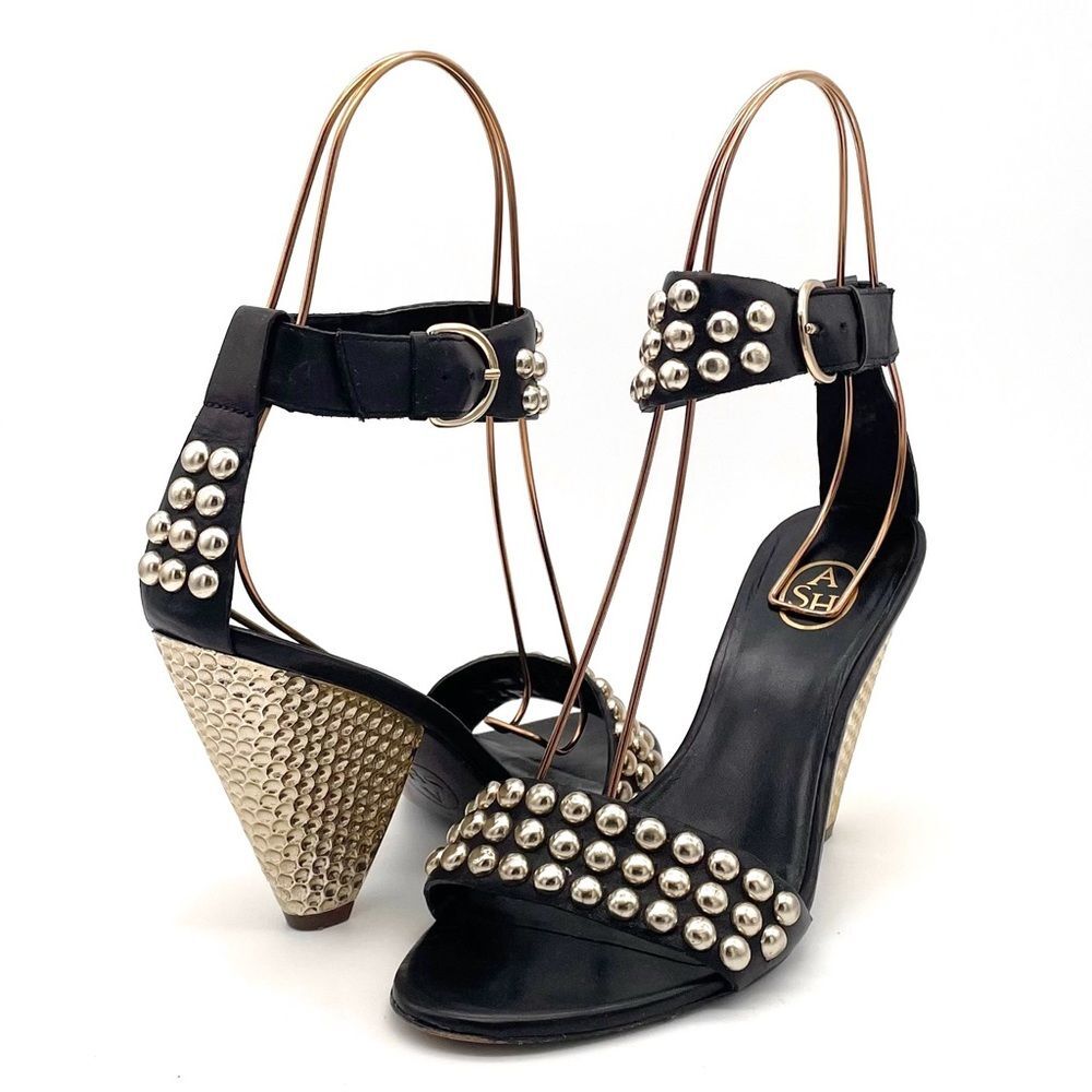 ASH Gold Studded Black Leather Ankle Cuff Heeled Strappy Sandals Size 38 | US 7 - Picture 4 of 16